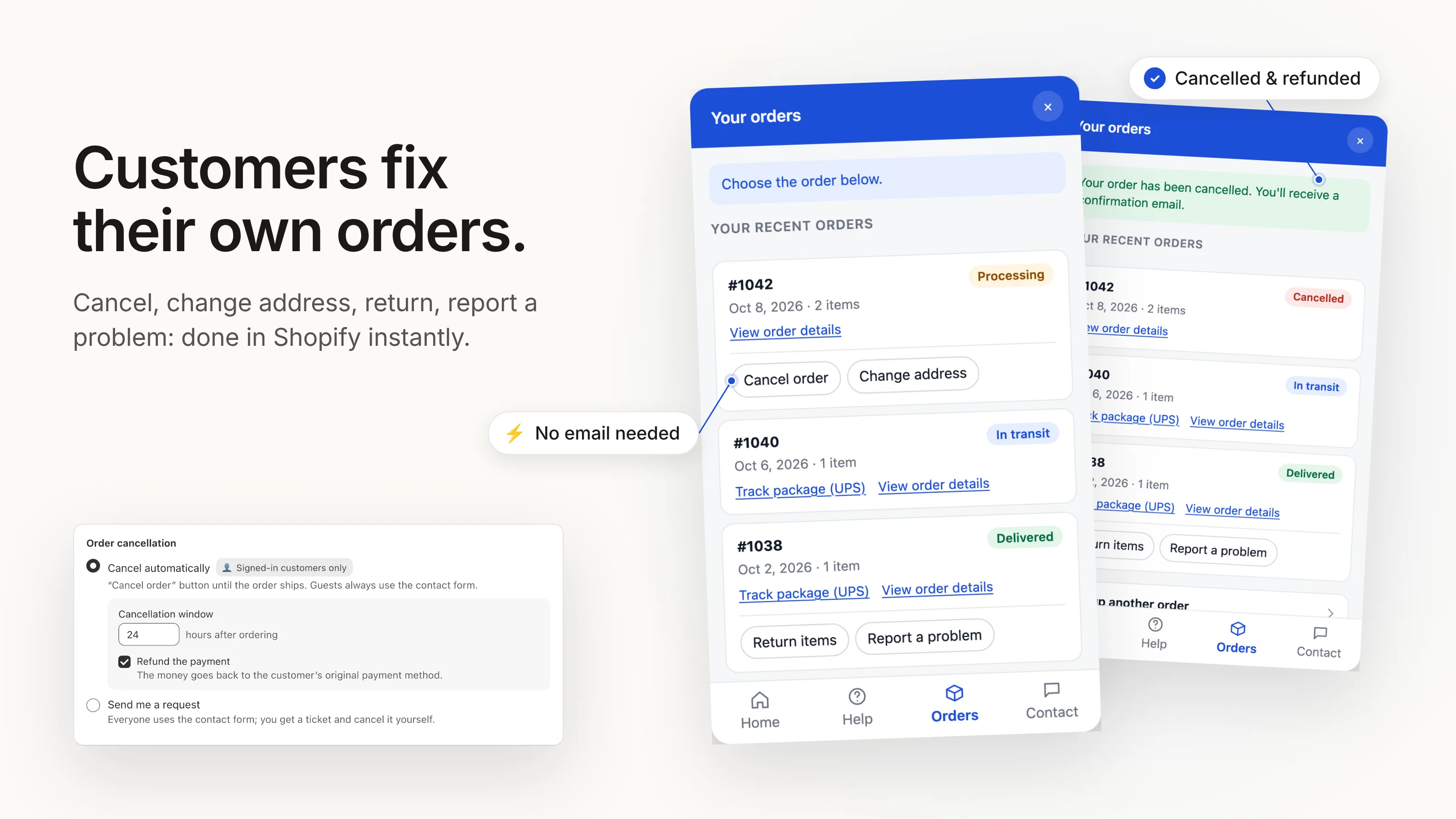 The HelpDock widget listing a customer’s recent orders with Cancel order and Change address buttons, next to the cancellation settings.
